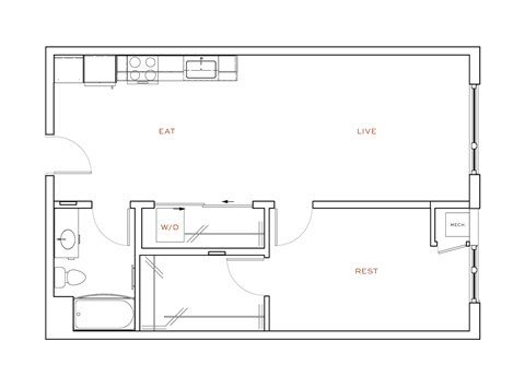 Floor plan for 1 bed, 1 bath, 756 sqft